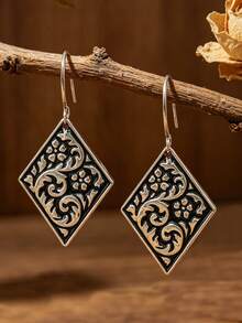 1 par de pendientes vintage con relieve de rombo y flores, pendientes colgantes geométricos tallados, joyería de oreja estilo retro de la corte - Plata antigua - Ver 1