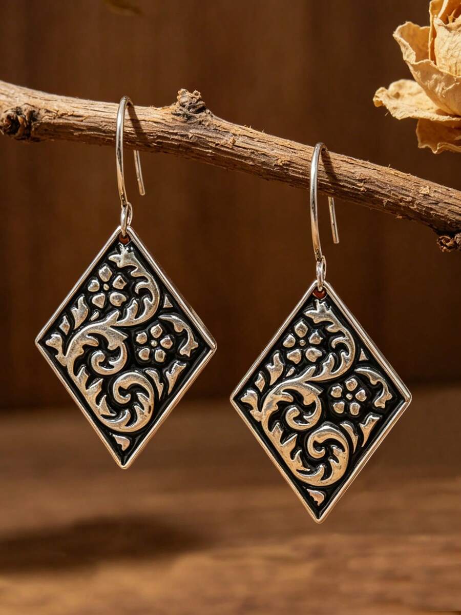 1 par de pendientes vintage con relieve de rombo y flores, pendientes colgantes geométricos tallados, joyería de oreja estilo retro de la corte - Plata antigua - Ver 1
