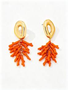 1 Pair Women's Fashion Vertical Drop Earrings, Ocean Vacation Coral Pendant Earrings, Suitable For Daily And Vacation Wear - Yellow Gold - View 4