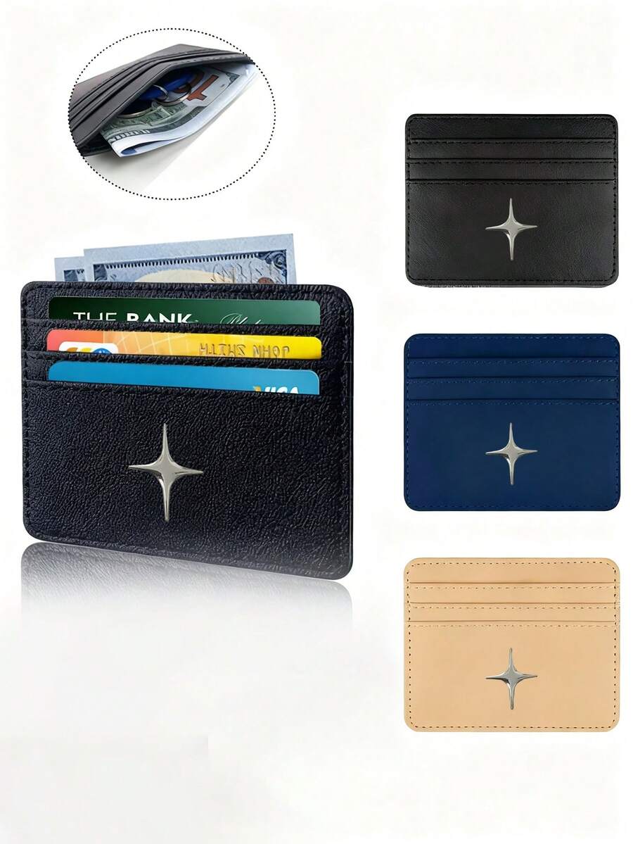 Vigour Summer Daily Bank Card And ID Card Holder With Star Decoration, PU Material Multi-Layer Design Ultra-Thin Card Wallet, Small Wallet With Coin Pocket, Women's Wallet, Lightweight And Portable, Multi-Layer Design, Suitable For Driver's License, Business Cards And Other Documents, Mini Ultra-Thin Lightweight Zipper Credit Card Cash Portable Bag, Back To School Season