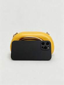 Hard Shell Clutch, Solid Color With Pattern, Large Gold Curved Metal Hardware, Detachable Chain Crossbody Strap, Minimalist Luxury Style, Suitable For Parties - Yellow - View 6