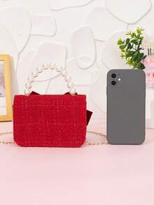 Red Tweed Bow Heart Rhinestone Mini Handbag, Faux Pearl Top Handle Chain Crossbody Bag, Wedding Evening Clutch Purse For - Red - View 6