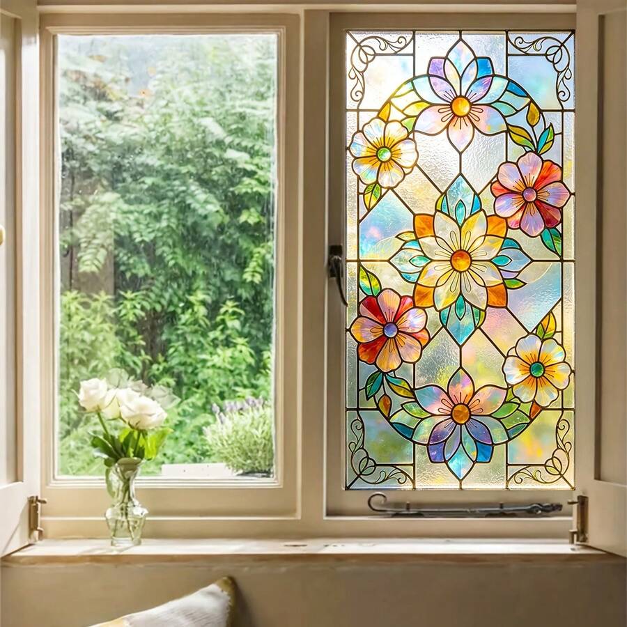 1pc Bohemian-Style Frosted Privacy Window Film With Colorful Floral Patterns. Reusable PVC Electrostatic Adsorption Film, No Glue Required. Suitable For Bathrooms, Bedrooms, Kitchens, And Home Decor. - Frosted Glass Sticker - View 1