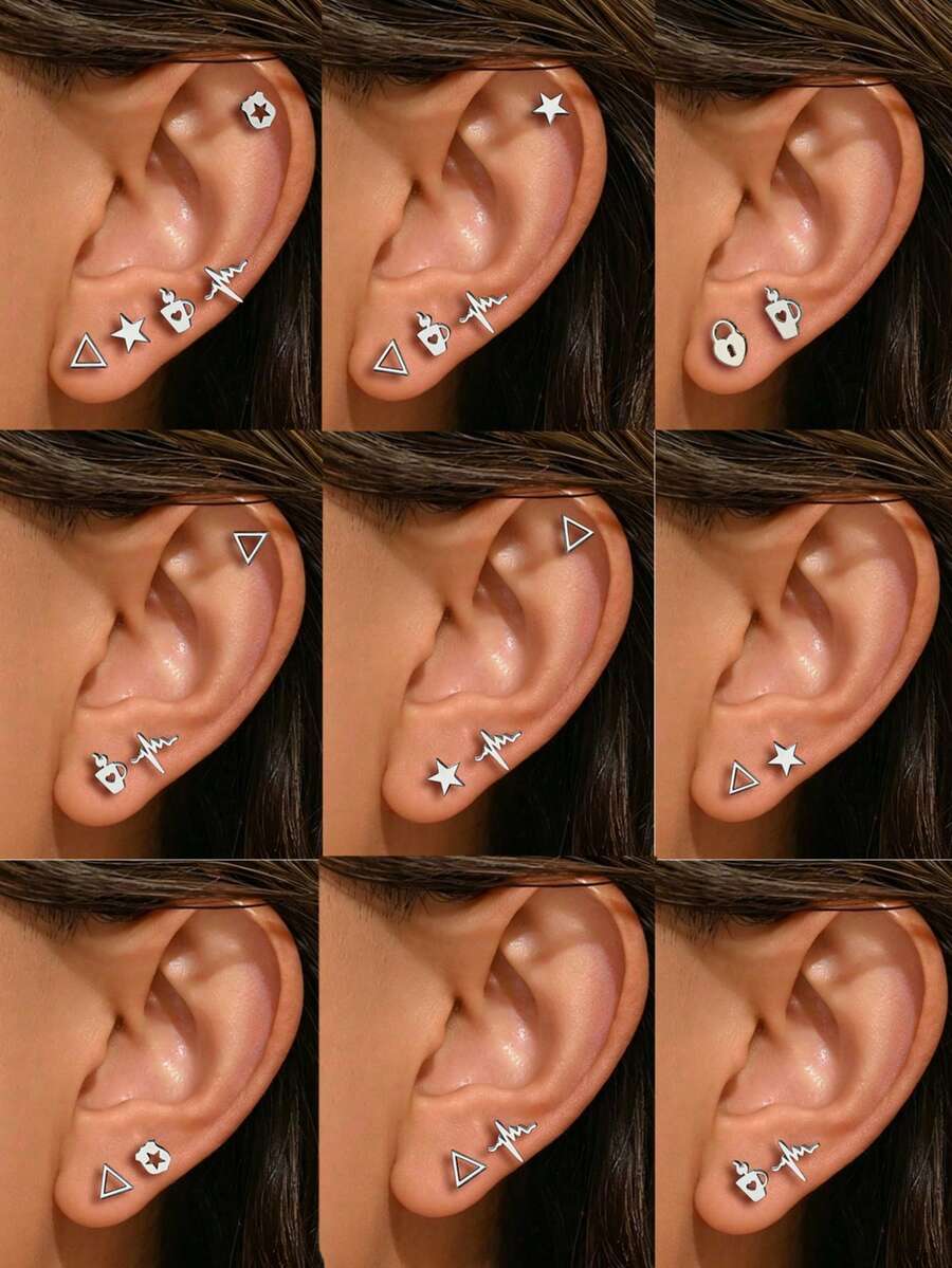 VceTd 2 Pairs/3 Pairs/5 Pairs Set Minimalist Fashion Cute Mini Style Triangle/Heartbeat/Water Cup/Five-Pointed Star/Heart Lock Design Stainless Steel Women's Earrings Set Suitable For Women's Daily Wear/Party/Evening/Date/Wedding/Holiday Gift For Friends - Silver - View 1