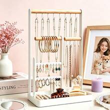 4 Tier Jewelry Organizer, Metal Jewelry  Holder Stand With 18 Holes For Earrings, 12 Hooks For Necklaces & Bracelets, Space Saving Display Rack - 白色 - 查看 1