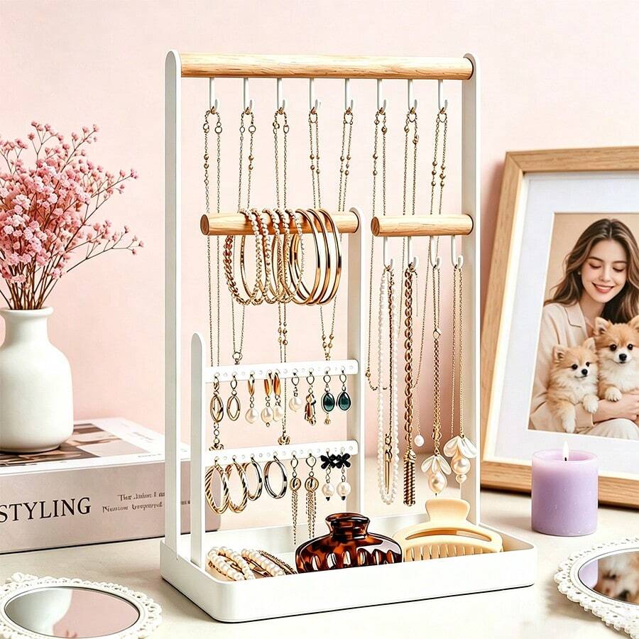 4 Tier Jewelry Organizer, Metal Jewelry Holder Stand With 18 Holes For Earrings, 12 Hooks For Necklaces & Bracelets, Space Saving Display Rack - 白色 - 查看 1
