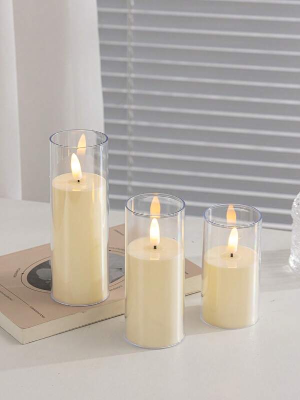 3pcs Ivory White Cup Candle Set Electronic LED Candles Warm Light, Realistic Flame Smokeless Candle Lights, Battery Operated Home Bedroom Christmas Atmosphere Decor Candles, Wedding Decoration Candle Lights
