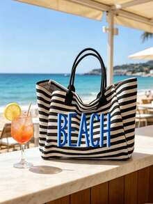 大容量黑白條紋海灘托特包，印有「BEACH」標誌，可摺疊帆布肩背包，防水防沙，適合旅行、夏季海灘度假、泳池派對、購物及日常使用，適用於女性、學生、通勤者和旅行者，適合春假、復活節、母親節、開學、畢業、假期和禮物 - 彩色 - 查看 8