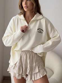 Senya Women's Letter Print Half-Zip Pullover, Solid Color Ribbed Knit Drop Shoulder Long Sleeve Sweater, Elegant Casual Preppy Style Knit Top, Suitable For Autumn - Apricot - View 6