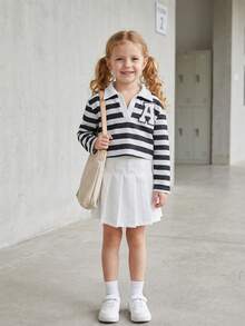 Toddler Girls 2pcs Preppy Striped Letter Patch Polo Neck Crop Top & Pleated Skirt Set For Back To School - White - View 5