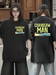 Camiseta negra vintage lavada con estampado de personaje de anime japonés , letras y gráficos de texto amarillo desgastado, estilo grunge Harajuku, ropa urbana, estética retro, c - Negro - Ver 3