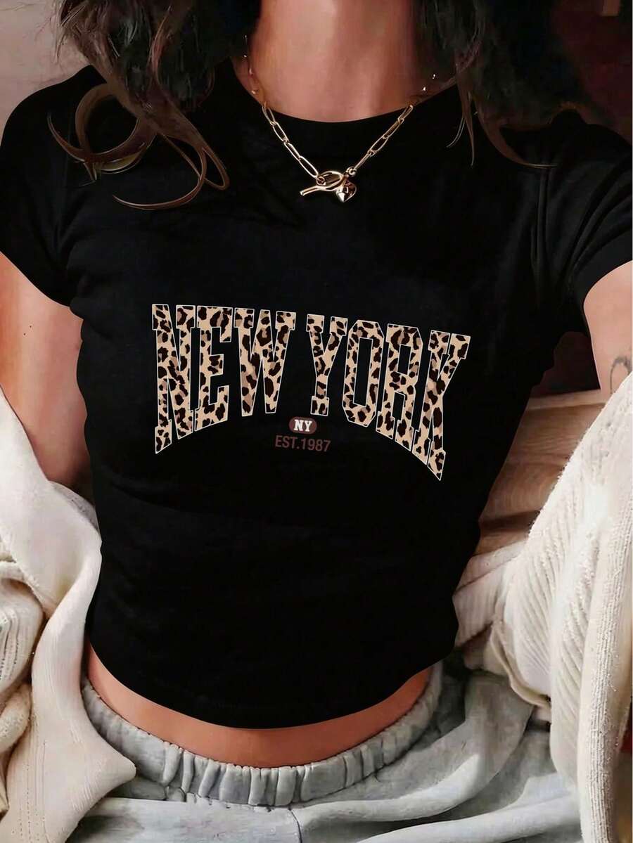 女款夏季豹紋紐約字母印花修身短版T恤,Y2K復古街頭風緊身短上衣,黑色休閒款 - 黑色 - 查看 1