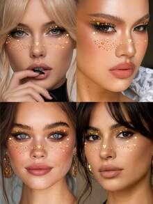 6 Sheets Gold Heart Freckles Face Tattoos Glitter Eyeshadow & Eyeliner Tattoo Stickers For Wedding Beach Concert Summer Rave Accessories - Gold - View 2