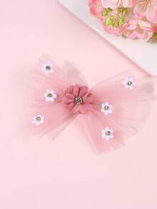1pc Pink Mesh Hair Bow For Girls Flower Hair Clip Rhinestone Alligator Clip Cute Barrette Daily Vacation Party Hairpin Teens Hair Accessories - Pink - View 6