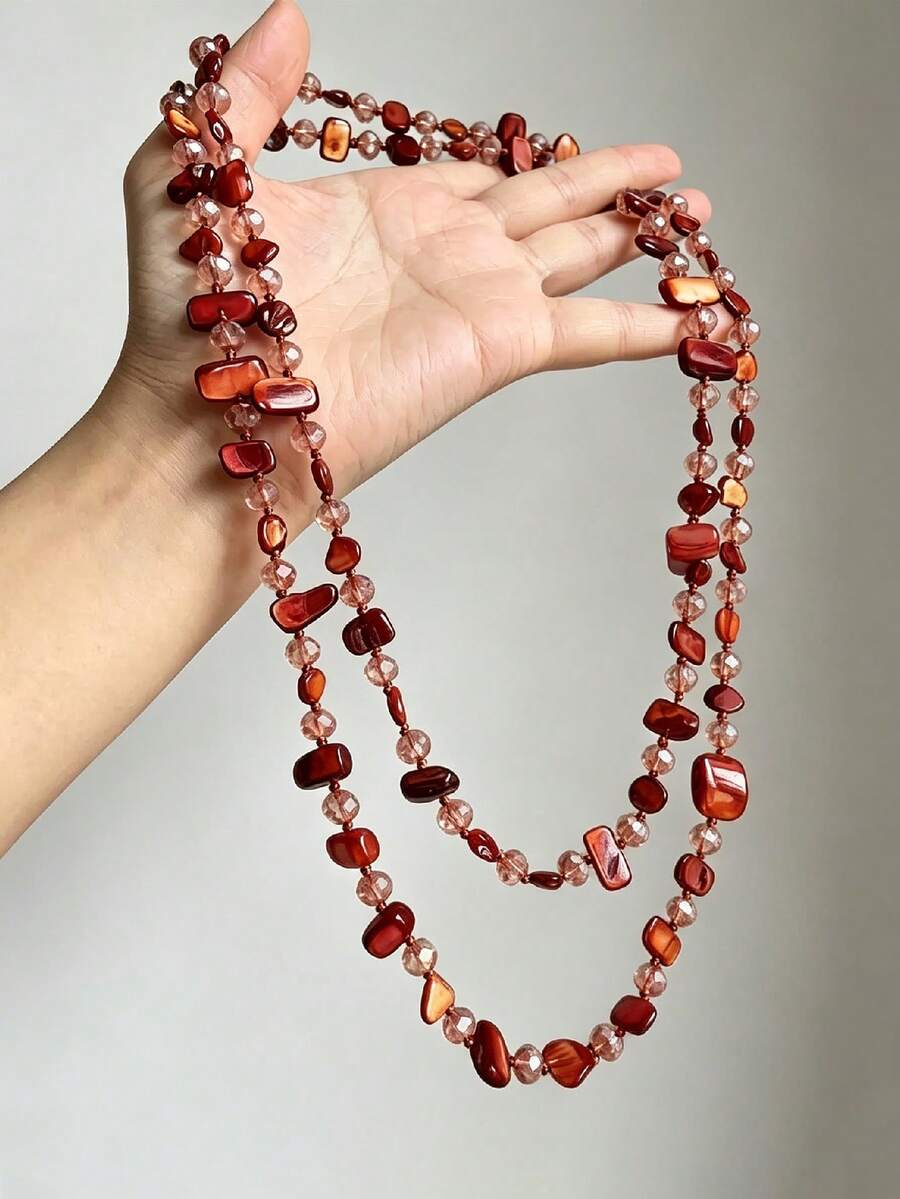 1 buah Kalung Dua Lapis Gaya Bohemian Vintage, Rantai Panjang Berlapis Manik-Manik Kerang Warna-warni untuk Liburan, Campuran Mutiara dan Berbagai Bentuk serta Nuansa Batu Permata - Merah - View 1