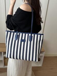 Bolso de mano a rayas de gran capacidad, bolso de hombro, bolso tote, adecuado para mujeres para compras, ir al trabajo y uso diario - Azul - Ver 5