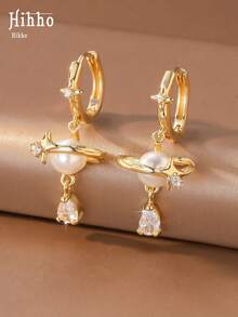 Hihho 1 Pair Luxury Style Romantic Dreamy Four-Pointed Star Zirconia Inlaid Pearl With Teardrop Zirconia Pendant Earrings, Suitable For Women's Daily Commute Wear - Star - View 3
