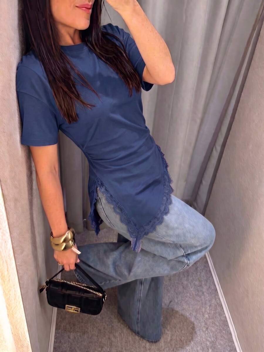 對比色蕾絲飾邊純色不對稱女款T恤,休閒返校風,春夏款 - 藍色 - 查看 1