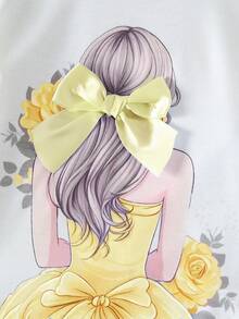 2pcs/Set Young Girls Figure & Floral Print T-Shirt + Solid Color Bow Decor Elegant A-Line Skirt Set, Summer - Yellow - View 4