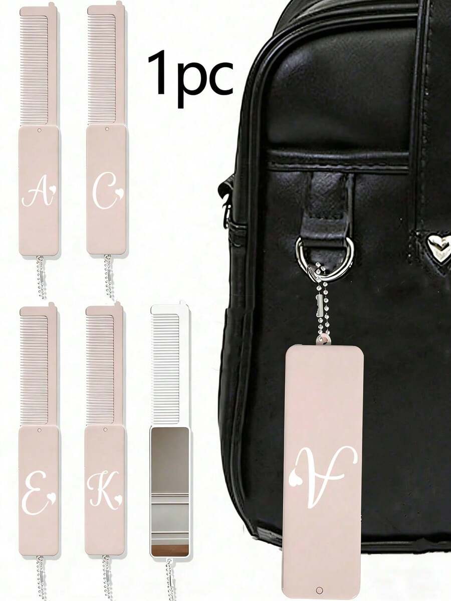 2-In-1 Foldable Comb And Makeup Mirror, Printed With A-Z Letters, Portable Keychain Comb Suitable For Women And Girls, Pocket Hair Comb With Chain, Can Be Used As Keychain Or Bag Charm | Personalized Handheld Mirror, Essential For Outdoor, Office And Back To School Travel, Suitable For All Hair Types Styling Tool - A - View 1