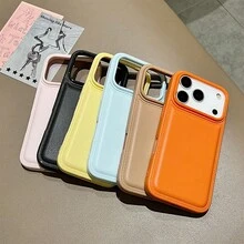 糖果黃色澎澎皮革紋理PU皮革手機殼，縫線邊緣大鏡框防震保護套，適用於 17 16 15 14 13 Pro Max 12 Pro Max 11，多種節日禮物 - 橘色 - 查看 7