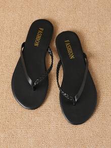 Women's Flat Flip-Flop Sandals, Summer Fashion Woven Vacation Style Comfortable Black Round Toe Sandals Suitable For Outings, Gatherings, Home, Travel, Beach - Black - View 10