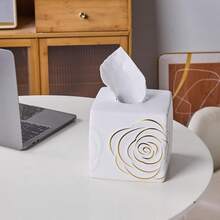 White Ceramic Cube Tissue Box Cover With Gold Rose U2013 Large Elegant Rose Floral Square Decorative Tissue Box Holder For Bathroom, Bedroom, Office Desk, Kitchen Counter U2013 Perfect Housewarming Gift - White - View 3