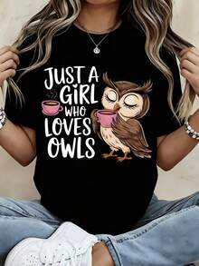 Camiseta con estampado de "Solo una chica que ama los búhos y la taza de café", top casual adecuado para ocio y escenarios deportivos. Ropa de mujer. - Negro - Ver 1