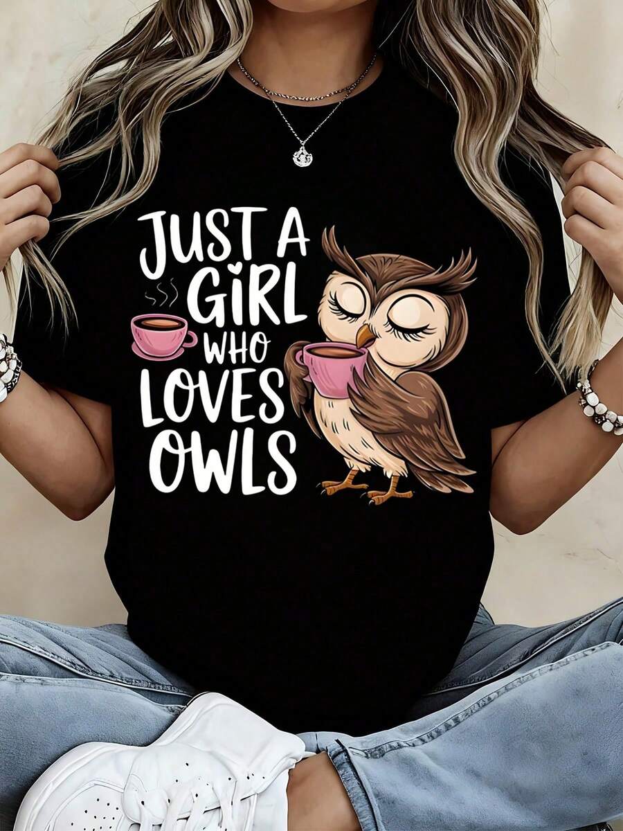 Camiseta con estampado de "Solo una chica que ama los búhos y la taza de café", top casual adecuado para ocio y escenarios deportivos. Ropa de mujer. - Negro - Ver 1