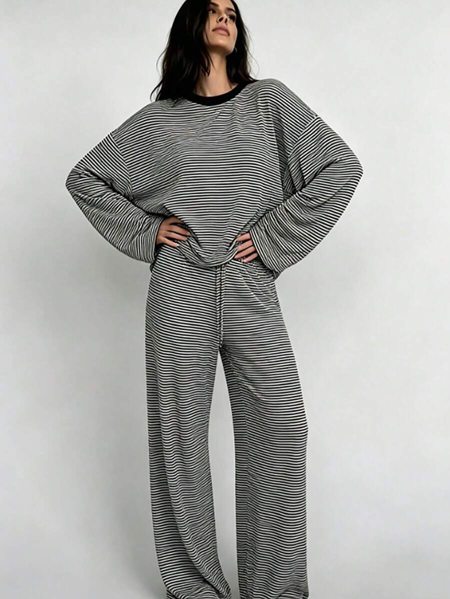 Women's Striped Loungewear Set, Round Neck Long Sleeve Loose Top + Wide Leg Pants, Soft Casual Pajamas For Daily Wear - Black - View 1