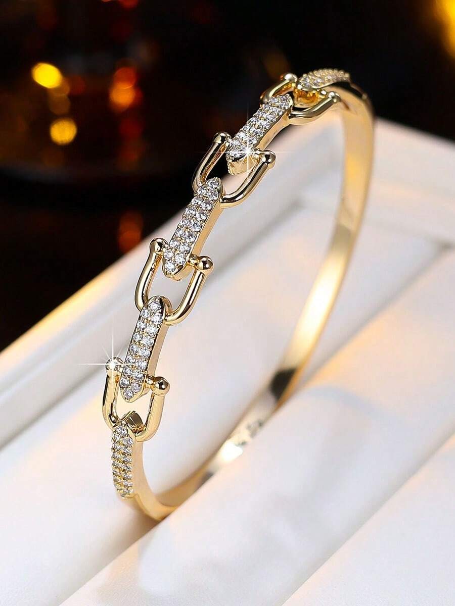 1pc Elegant Relaxed Commuter Letter Chain Link Zirconia Inlaid Bracelet For Women, Versatile Eye-Catching Accessory For Vacation, Travel And Party