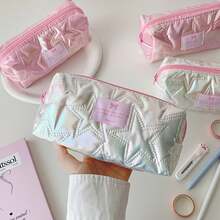 1/2pcs New Pink Girly Star Shiny Large Capacity Pencil Case, Stationery Storage Bag, Portable Cosmetic Organizer, Water-Resistant Wear-Resistant Fabric, Smooth Zipper, Structured Shape, Dirt-Resistant Easy-To-Clean, Multi-Compartment Storage For Neutral Pens, Rulers, Sticky Notes, Tape, Lipstick, Powder, Earphones, Hair Ties, Band-Aids, Daily Essentials, Suitable For Girls, School, Self-Study, Commute, Travel, Home, Dorm, Daily Makeup Touch-Ups, Shopping, Versatile Storage, Sweet Dreamy Niche Design, Unique Style, Practical Gift For Students, Birthdays, Best Friends - Multicolor - View 4