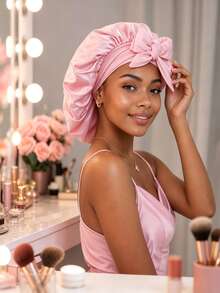 Solid Color Bow Ribbon Smooth Satin Women's Sleep Cap, Multiple Colors Available, Perfect For Curly Hair, Braids, Dreadlocks And Various Hairstyles. Comfortable And Casual, Suitable For Home, Daily Wear And Sleep. Unisex, This Nighttime Hair Care Product Keeps Your Hair Healthy All Night. Perfect Gift For Mother's Day - Coffee Brown - View 4