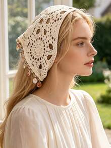 1pc Women Beige Knitted Triangle Headscarf With Shells,Beach Vacation Style Openwork Design Grandma's Pattern Triangular Bandage,Boho Hair Accessory - Beige - View 2