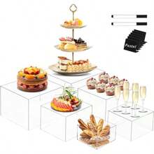 6 Pcs De Elevadores Para Bufé Exhibidor Acrilico Cubos AcríLicos Apilables Con Fondo Hueco. Estante Expositor Para Catering Para Stands De Bufé Postres Objetos De Colección Y Joyería - Transparente - Ver 2