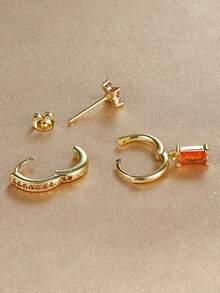 3 piezas/Set Pendientes Naranja Exquisitos, Incluyendo Pendientes de Botón, Pendientes de Aro y Pendientes con Forma de Flor, Adecuados para que las Mujeres los Usen en Citas, Fiestas, Desplazamientos Diarios y Otras Ocasiones. - Juego de pendientes de 3 piezas. - Ver 5