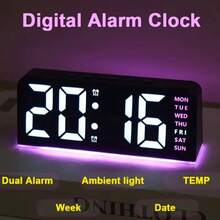 1 pièce Réveil numérique LED avec lumière ambiante 4 couleurs, horloge à surface miroir élégante, convient pour la décoration de la chambre à coucher, style minimaliste - Version améliorée - Voir 10