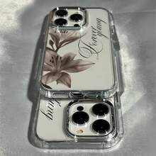 1pc Metal Shell Transparent Personalized Coffee Brown Lily English Pattern Phone Case Compatible With IPhone 16 Pro Max/17/16/15/14 Plus/13/12/11 Protective Case Air - Multicolor - View 2