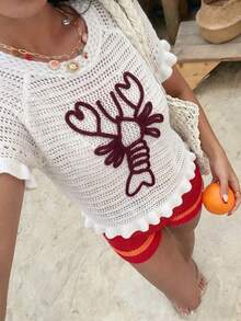 Women's Cute Lobster Embroidered Openwork Knit Ruffle Top, Casual Sexy Vacation Sweater, Ruffled Raglan Sleeve, Lobster Embroidery, Spring/Summer Beach White - White - View 1