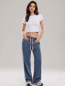 KyrLssu Women's Drawstring Elastic Waist Wide Leg Sweatpants, Side Double Stripes, Loose Casual Pants, Suitable For Daily Streetwear And Light Exercise - Navy Blue - View 3