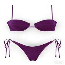Women's Glossy String Bikini Set Soild Swimsuit Women's Fashion Bikini Green Halter Sport Swimsuit Beach Vacation Low Cut Shiny - 紫色 - 查看 1