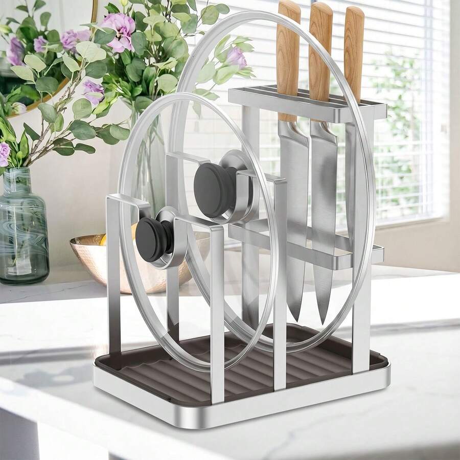 BCWW Universal Knife Block,Multifunctional Cutting Board Organizer, Stainless Steel Kitchen Storage Rack For Lids, Boards, Knife, Modern Kitchen Knife Storage Organizer For Countertop (With Cleaning Brush) - View 1