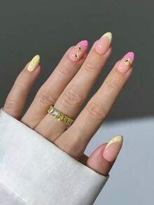 30pcs Short Almond French Press-On Fake Nails, 3D Gel Bee And Polka Dot Design, Acrylic Artificial Nails Set, Includes: 1pc Jelly Glue And 1pc Nail File - Multicolor - View 11
