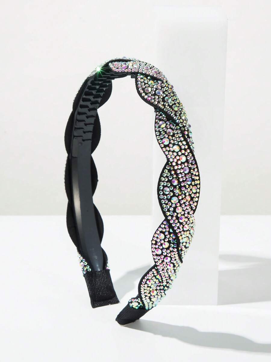 1 pieza Diadema trenzada de estilo barroco vintage europeo y americano, unicolor, con strass completo, diseño creativo de nicho, alta calidad, antideslizante con dientes, borde delgado, aro para el cabello, accesorio para el cabello adecuado para mujeres en banquetes, bailes y fiestas, accesorio de ropa exquisito - Color FG921-AB - Ver 1