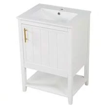 Mueble de baño con lavabo individual, mueble de lavabo de 60 cm con lavabo de cerámica y estante, blanco. - Blanco - Ver 5