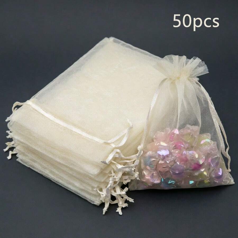 50個抽繩歐根紗袋,珠寶禮品包裝袋,適用於聖誕糖果、婚禮、生日派對(象牙色) - 米白色 - 查看 1