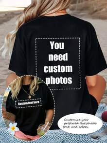 Plus Size Women's T-Shirt, Front And Back Print Top, Family And Friends. Black Summer - Black - View 1