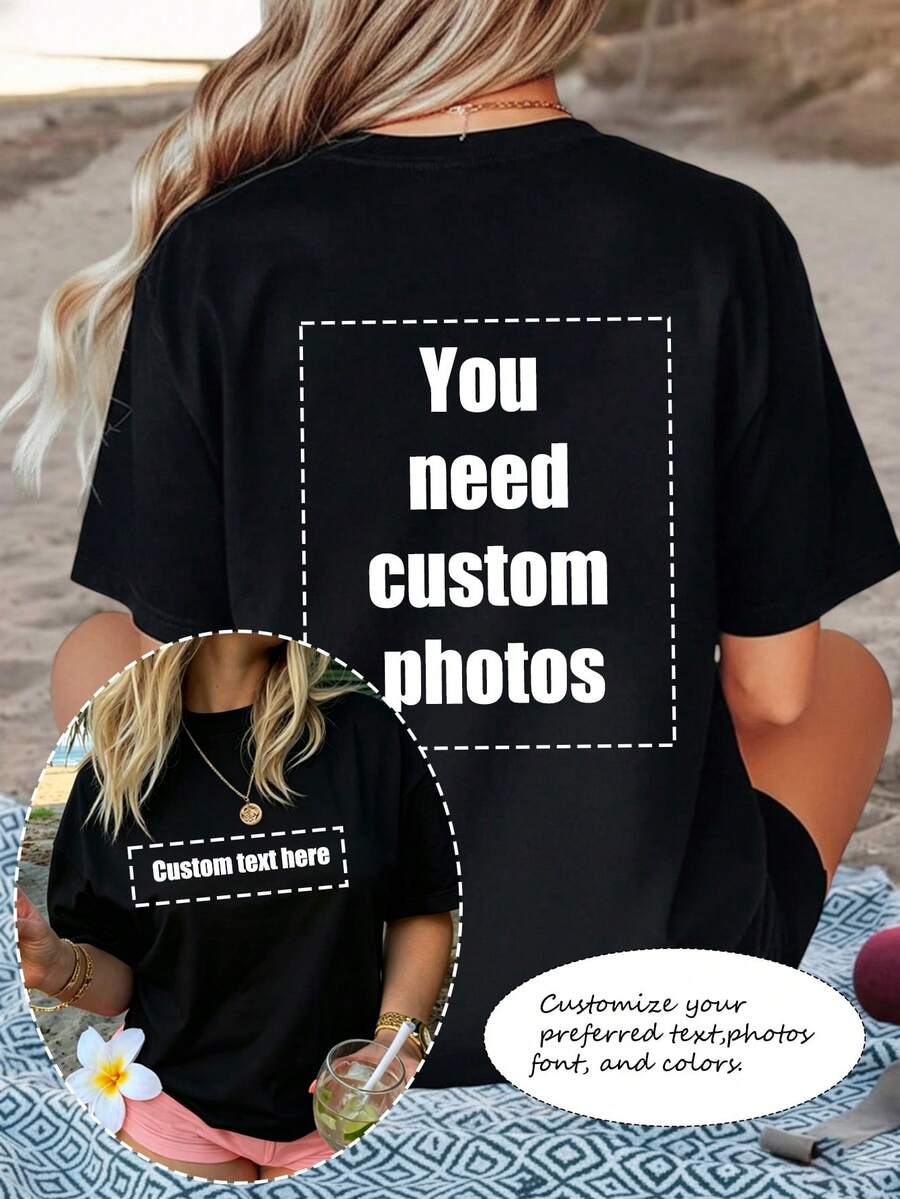 Plus Size Women's T-Shirt, Front And Back Print Top, Family And Friends. Black Summer - Black - View 1