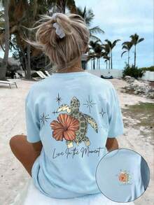TopsWomen's Summer Turtle, Floral & Letter Print Casual Loose Round Neck Beach Vacation T-Shirt Deeka Women Clothes, 2026 Top & Back To School - Baby Blue - View 21