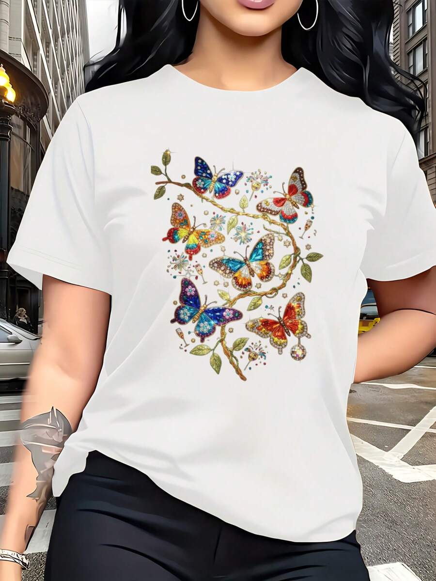 Mariposas Coloridas sobre una Rama con Hojas y Flores. Camiseta de algodón puro, suave y cómoda, transpirable y absorbente, estampado digital, unisex. - Blanco - Ver 1